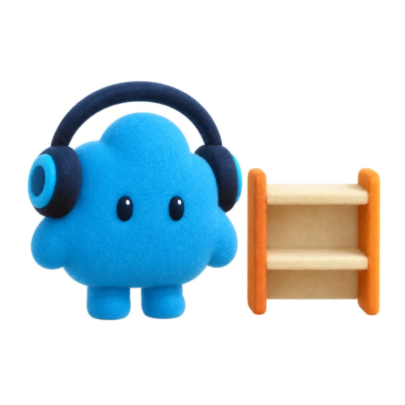 A small wooden shelf next to a plush character