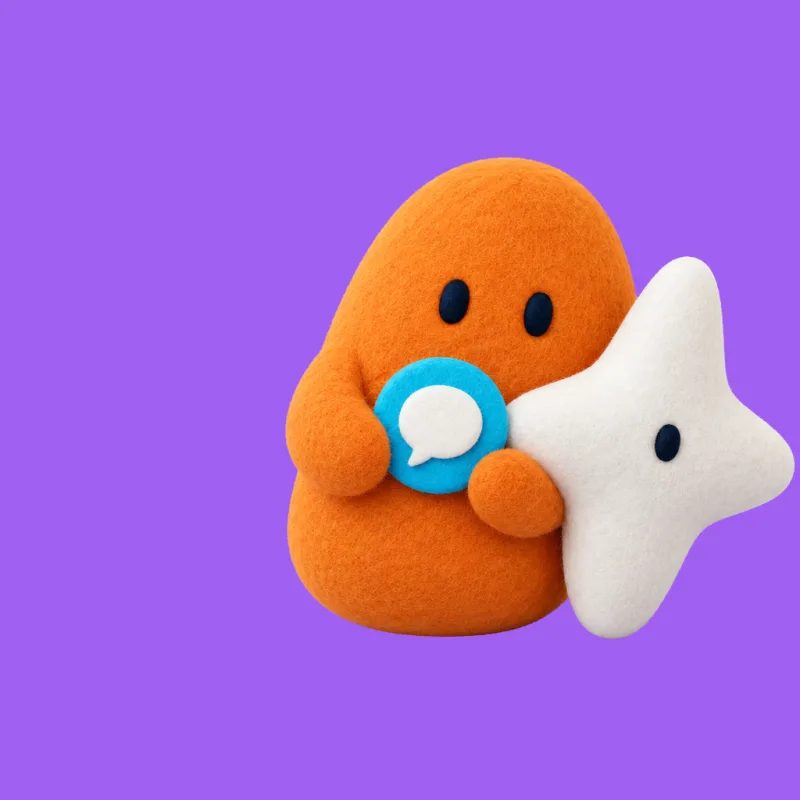 A plush character with a speech bubble