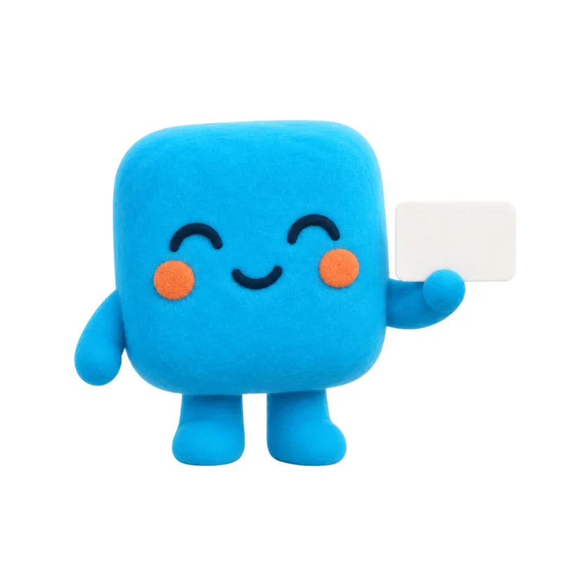 A plush character holding a blank word card